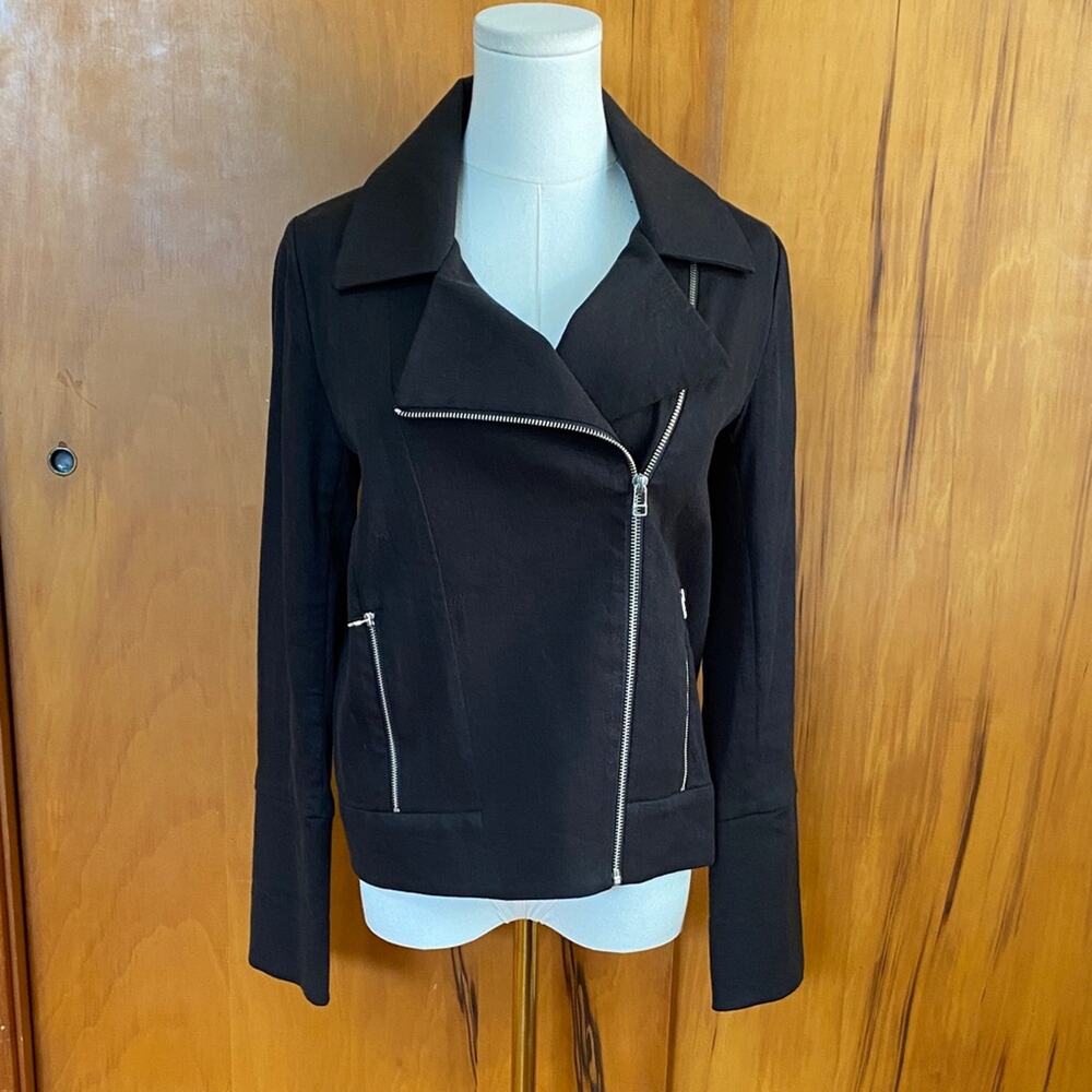NWOT Black Linen Blend Jacket Blazer Silver Zippers Moto Biker City Edgy Retro